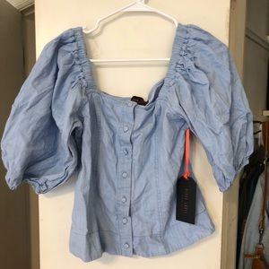 Denim colored peasant top blouse